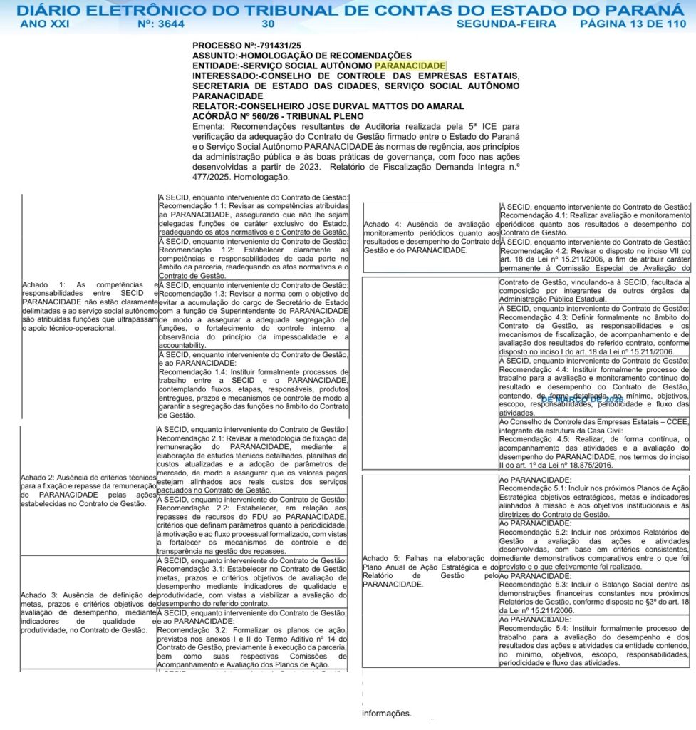 Fim da Super Secretaria? Tribunal de Contas pede mudanças na Paranacidade